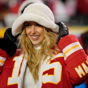 Brittany Mahomes in attendance during the first half of the 2024 AFC wild card game at GEHA Field at Arrowhead Stadium.