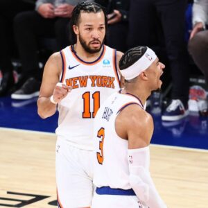 New York Knicks guard Josh Hart (3) celebrates with guard Jalen Brunson (11) in the fourth quarter against the Philadelphia 76ers in game one of the first round for the 2024 NBA playoffs at Madison Square Garden.