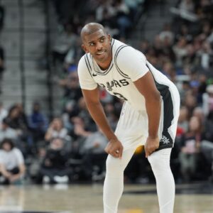 San Antonio Spurs guard Chris Paul (3) looks over in the second half against the Portland Trail Blazers at Frost Bank Center.