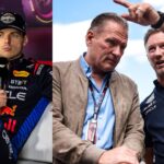 Max Verstappen (L), Jos Verstappen and Christian Horner (R)