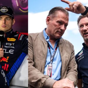 Max Verstappen (L), Jos Verstappen and Christian Horner (R)