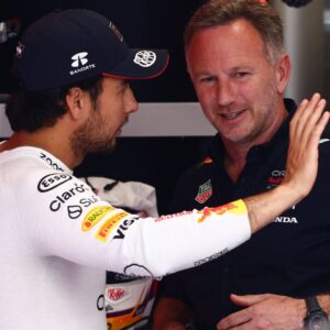 Sergio Perez of Red Bull Racing and Christian Horner before the Formula 1 Spanish Grand Prix at Circuit de Barcelona-Catalunya in Barcelona