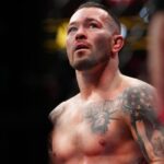 Colby Covington reacts after losing to Leon Edwards (not pictured) during UFC 296 at T-Mobile Arena.