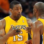 Los Angeles Lakers shooting guard Kobe Bryant (24) and small forward Metta World Peace (15) talk during during a time out in game against the Indiana Pacers at the Staples Center.