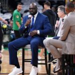 Shaquille O'Neal speaks on a broadcast before game two between the Boston Celtics and the Dallas Mavericks in the 2024 NBA Finals at TD Garden.