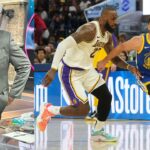 Kendrick Perkins (L) and LeBron James and Steph Curry (R)