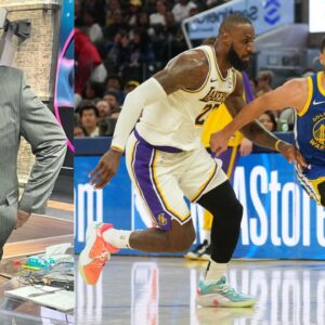 Kendrick Perkins (L) and LeBron James and Steph Curry (R)