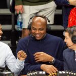 Former Auburn basketball player Charles Barkley jokes with announcers Jay Williams, left, and Roxy Bernstein, right, as Auburn Tigers take on USC Trojans at Neville Arena in Auburn, Ala., on Sunday, Dec. 17, 2023. Auburn Tigers defeated USC Trojans 91-75.