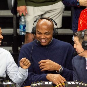 Former Auburn basketball player Charles Barkley jokes with announcers Jay Williams, left, and Roxy Bernstein, right, as Auburn Tigers take on USC Trojans at Neville Arena in Auburn, Ala., on Sunday, Dec. 17, 2023. Auburn Tigers defeated USC Trojans 91-75.