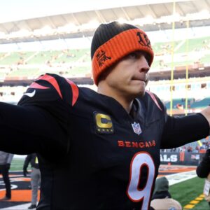 Cincinnati Bengals quarterback Joe Burrow (9) celebrates a win against the Cleveland Browns at Paycor Stadium.
