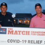 May 24, 2020; Hobe Sound, FL, USA; Tiger Woods and former NFL player Peyton Manning celebrate defeating Phil Mickelson and NFL player Tom Brady of the Tampa Bay Buccaneers on the 18th green during The Match: Champions for Charity golf round at the Medalist Golf Club.