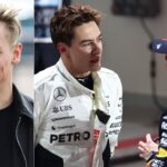 Liam Lawson (L), George Russell and Max Verstappen (R)