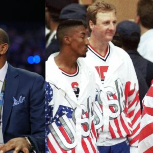 Isiah Thomas (L), Michael Jordan and Scottie Pippen (R)