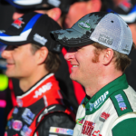 Feb 13, 2011; Daytona Beach, FL, USA; NASCAR Sprint Cup Series driver Dale Earnhardt Jr (right) and teammate Jeff Gordon pose for photos after qualifying first and second in qualifying for the Daytona 500 at Daytona International Speedway. Mandatory Credit: Mark J. Rebilas-Imagn Images