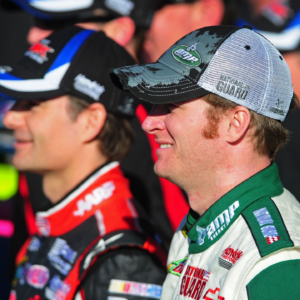 Feb 13, 2011; Daytona Beach, FL, USA; NASCAR Sprint Cup Series driver Dale Earnhardt Jr (right) and teammate Jeff Gordon pose for photos after qualifying first and second in qualifying for the Daytona 500 at Daytona International Speedway. Mandatory Credit: Mark J. Rebilas-Imagn Images