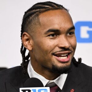 Ohio State Buckeyes wide receiver Emeka Egbuka speaks to the media during the Big 10 football media day at Lucas Oil Stadium.