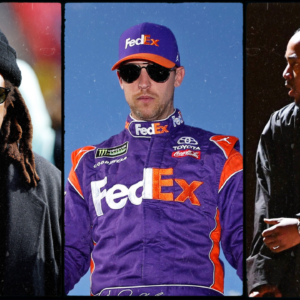 Jay Z (L), Denny Hamlin (C), Kendrick Lamar (R). Image Credits: Imagn.