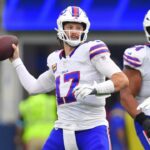 Dec 8, 2024; Inglewood, California, USA; Buffalo Bills quarterback Josh Allen (17) throws against the Los Angeles Rams during the first half at SoFi Stadium.