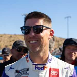 NASCAR Cup Series driver Denny Hamlin (left) with 23XI Racing president Steve Lauletta during the NASCAR Cup Series Championship race at Phoenix Raceway.