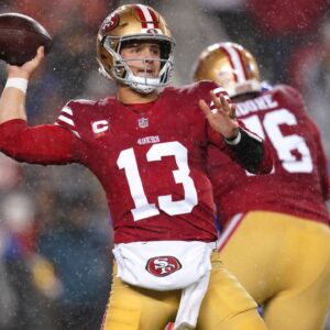 San Francisco 49ers quarterback Brock Purdy (13) throws a pass against the Los Angeles Rams in the second quarter at Levi's Stadium.