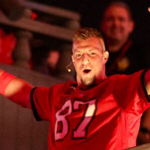Oct 21, 2024; Tampa, Florida, USA; Rob Gronkowski former NFL tight end entertains the fans during a Monday Night Football game between the Baltimore Ravens and Tampa Bay Buccaneers at Raymond James Stadium.