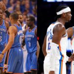 Kevin Durant and Russell Westbrook (L), Shai Gilgeous-Alexander and Jaylen Williams (R)