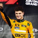 Lando Norris of McLaren celebrates on the podium during Formula 1 Abu Dhabi Grand Prix at Yas Marina Circuit on December 8th, 2024