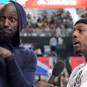 Feb 16, 2018; Los Angeles, CA, USA; Former NBA player Kevin Garnett (left) interviews former NBA player Paul Pierce during the NBA All-Star Celebrity Game at the Los Angeles Convention Center. Mandatory Credit: Kirby Lee-Imagn Images