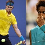 Rafael Nadal (L) and Gael Monfils (R).