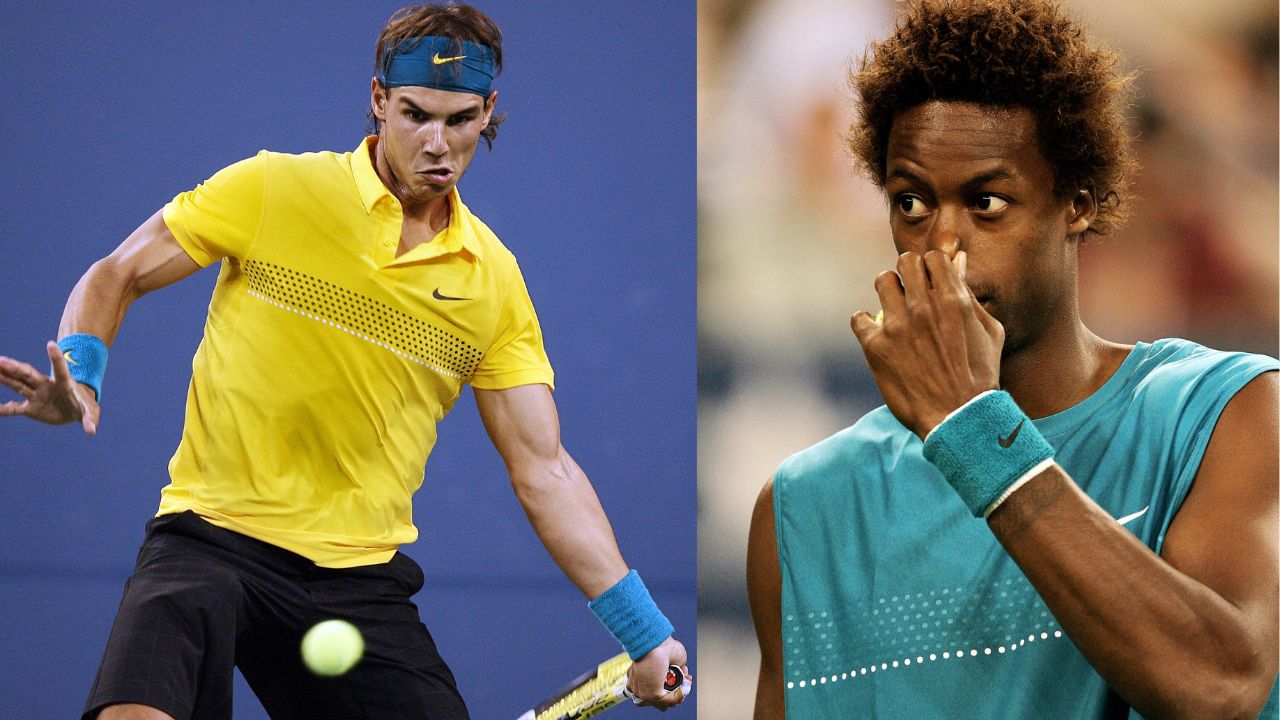 Rafael Nadal (L) and Gael Monfils (R).
