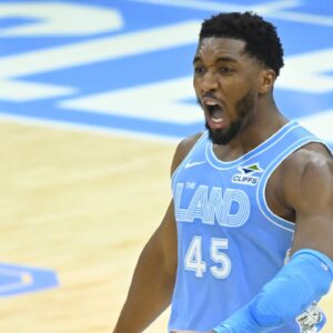 Cleveland Cavaliers guard Donovan Mitchell (45) celebrates in the fourth quarter against the Utah Jazz at Rocket Mortgage FieldHouse