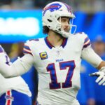 Buffalo Bills quarterback Josh Allen (17) throws the ball against the Los Angeles Rams in the second half at SoFi Stadium.