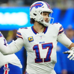 Buffalo Bills quarterback Josh Allen (17) throws the ball against the Los Angeles Rams in the second half at SoFi Stadium.