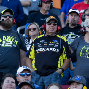 Nov 10, 2024; Avondale, Arizona, USA; Fans in the crowd wear clothing apparel of NASCAR Cup Series driver Ryan Blaney (12) during the NASCAR Cup Series Championship race at Phoenix Raceway. Mandatory Credit: Mark J. Rebilas-Imagn Images