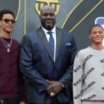 NBA former player Shaquille O'Neal with sons Sharif O'Neal and Shaqir O'Neal arrive on the red carpet for the 2019 NBA Awards show at Barker Hanger.