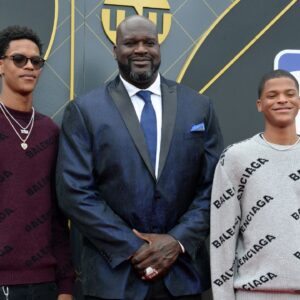 NBA former player Shaquille O'Neal with sons Sharif O'Neal and Shaqir O'Neal arrive on the red carpet for the 2019 NBA Awards show at Barker Hanger.