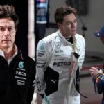 Toto Wolff (L), George Russell and Max Verstappen (R)