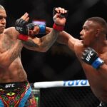 Apr 13, 2024; Las Vegas, Nevada, USA; Alex Pereira (red gloves) fights Jamahal Hill (blue gloves) during UFC 300 at T-Mobile Arena.