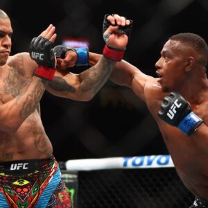 Apr 13, 2024; Las Vegas, Nevada, USA; Alex Pereira (red gloves) fights Jamahal Hill (blue gloves) during UFC 300 at T-Mobile Arena.