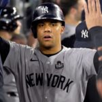 Oct 26, 2024; Los Angeles, California, USA; New York Yankees outfielder Juan Soto (22) celebrates in the dugout after scoring on an RBI single by designated hitter Giancarlo Stanton (not pictured) in the ninth inning against the Los Angeles Dodgers during game two of the 2024 MLB World Series at Dodger Stadium.
