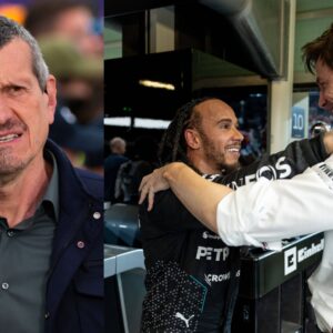 Guenther Steiner (L), Toto Wolff and Lewis Hamilton (R)