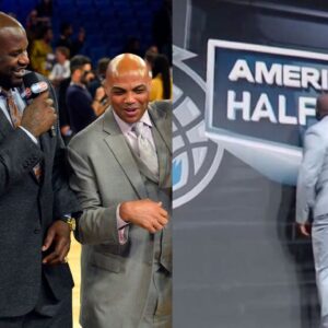Shaquille O'Neal and the TNT crew (L) and Shaq breaks the Big Board (R)