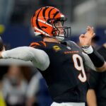 Cincinnati Bengals quarterback Joe Burrow (9) practices his throw before Dallas Cowboys during Monday Night Football at AT&T Stadium in Arlington, Texas on Monday, December 9, 2024.