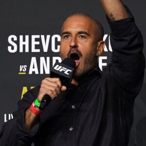 UFC play-by-play commentator Jon Anik introduces the fighters during weigh-ins for UFC 261 at VyStar Veterans Memorial Arena.
