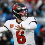 Tampa Bay Buccaneers quarterback Baker Mayfield (6) looks to pass in the second quarter at Bank of America Stadium.
