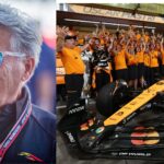Mario Andretti (L) and McLaren F1 team celebrating at Abu Dhabi GP (R)