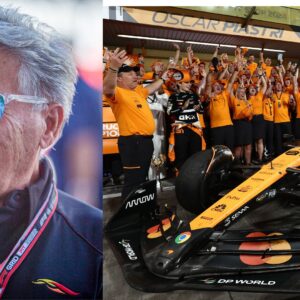 Mario Andretti (L) and McLaren F1 team celebrating at Abu Dhabi GP (R)