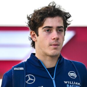 Argentinian driver Franco Colapinto of Williams arrives at the paddock ahead of the Sprint race at the Lusail International Circuit racetrack