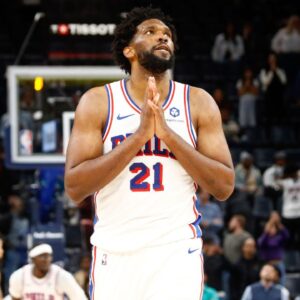 Philadelphia 76ers center Joel Embiid (21) reacts after a turnover during the second half against the Memphis Grizzlies at FedExForum.