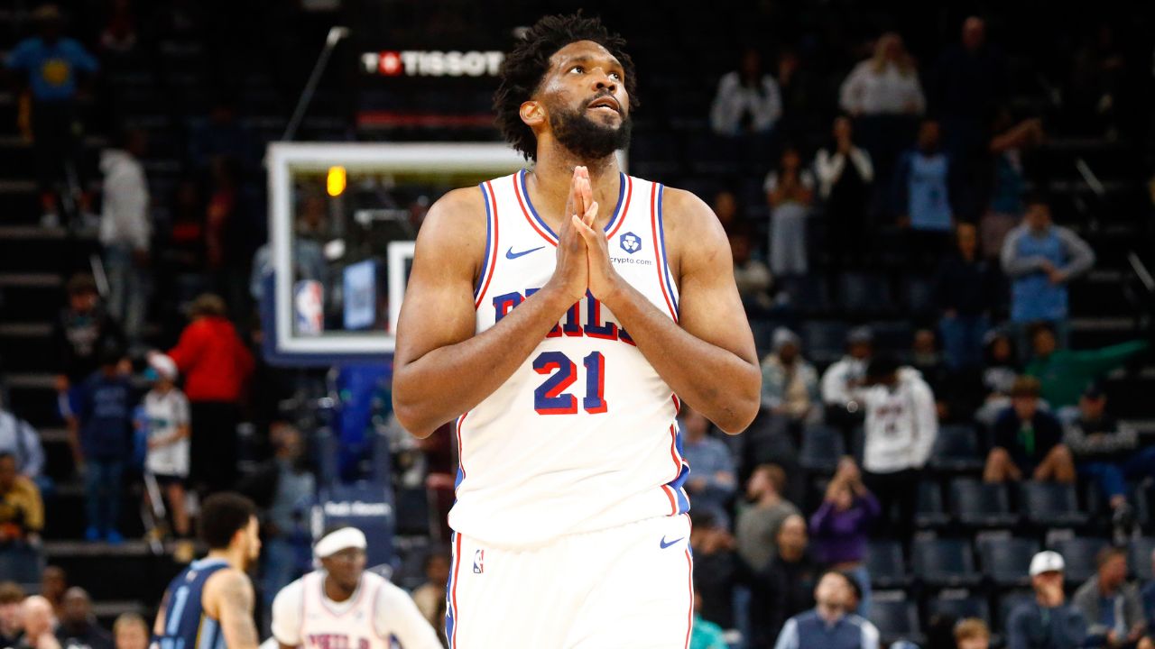 Philadelphia 76ers center Joel Embiid (21) reacts after a turnover during the second half against the Memphis Grizzlies at FedExForum.